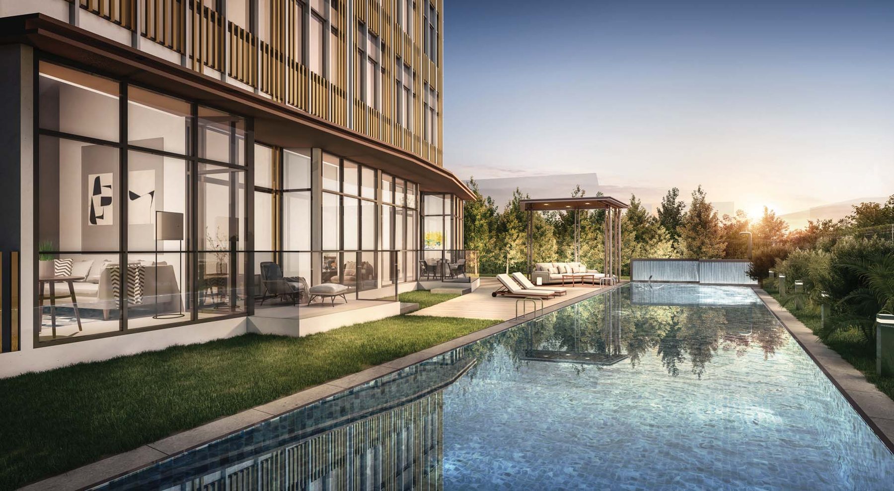 Pool and pool deck at dusk (artist’s impression)